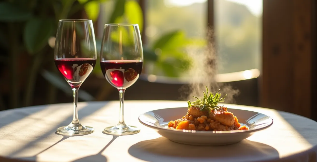 Scène de dégustation minimaliste avec verre de vin et plat de massalé cabri
