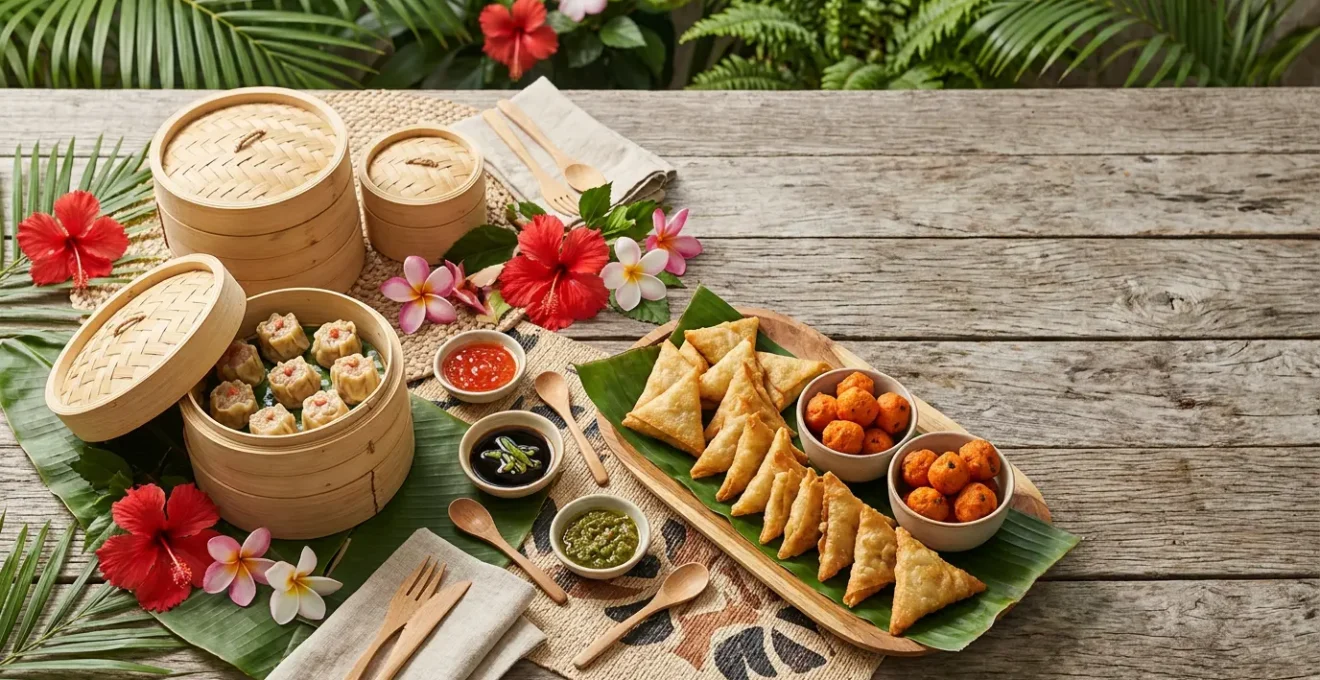Table d'apéro dînatoire créole avec samoussas dorés, bouchons vapeur et bonbons piments disposés sur plateau en bois naturel