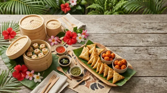 Table d'apéro dînatoire créole avec samoussas dorés, bouchons vapeur et bonbons piments disposés sur plateau en bois naturel