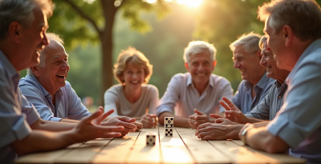 Groupe multigénérationnel jouant aux dominos sous un kiosque avec terrain de pétanque en arrière-plan