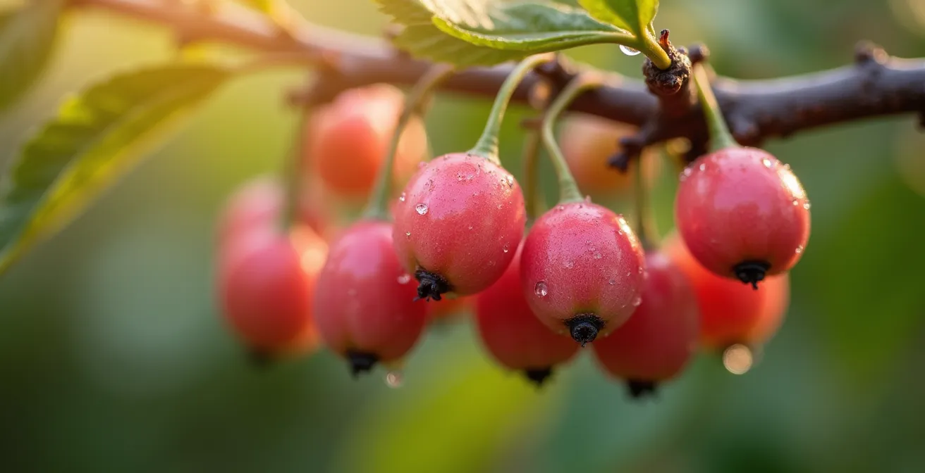 Gros plan sur des baies roses fraîches sur branche avec gouttelettes de rosée matinale