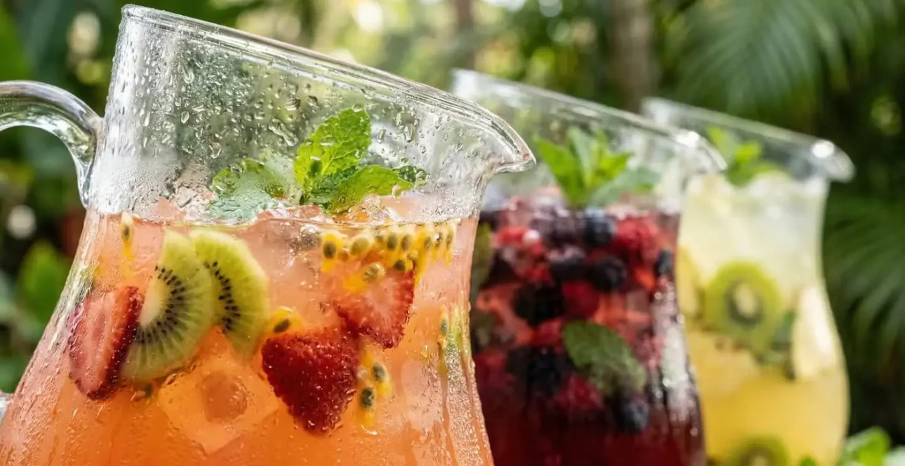 Trois carafes de punch aux couleurs vives vert, rouge et jaune avec fruits tropicaux et herbes fraîches