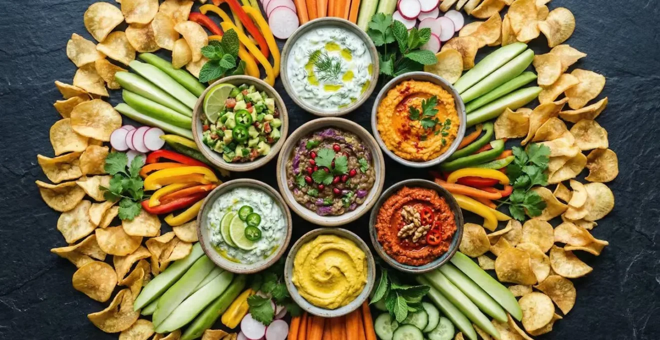 Plateau de dips créoles colorés avec chips de manioc et légumes crus disposés en éventail