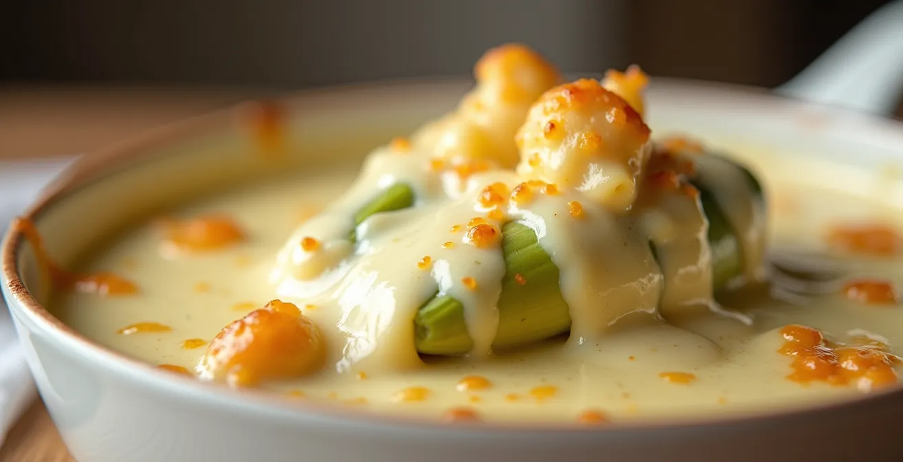 Texture crémeuse d'une béchamel nappe un morceau de chouchou gratiné