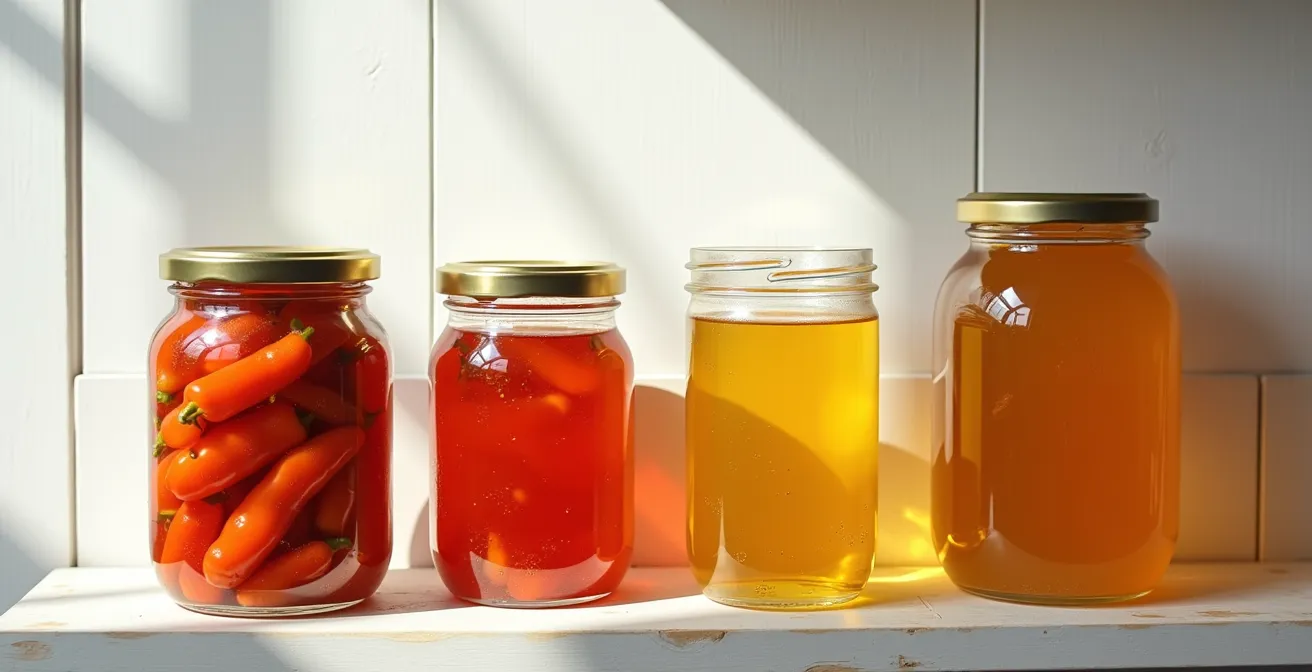 Bocaux en verre remplis de piments fermentés dans différents liquides de conservation sur une étagère en bois