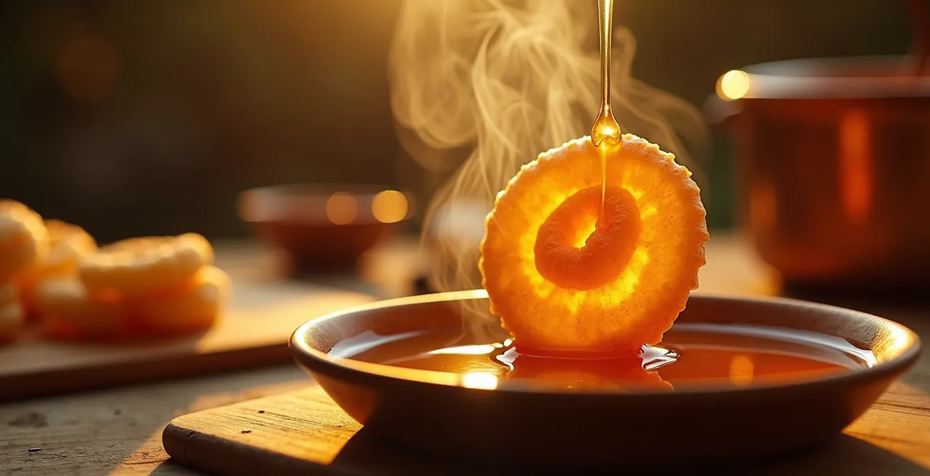 Bonbon au miel encore chaud plongé dans un sirop doré épais