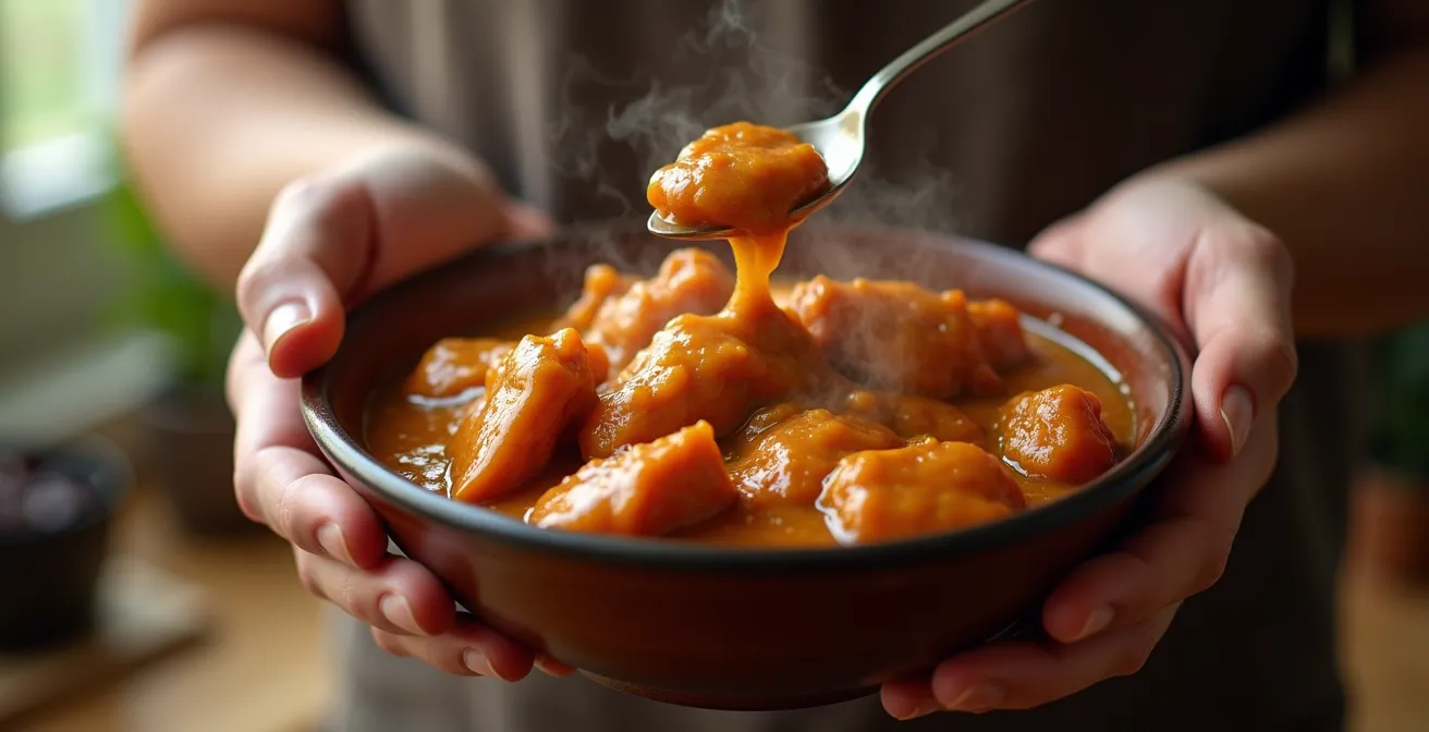 Cari poulet du lendemain avec sauce gélatineuse brillante