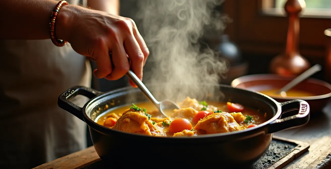 Cari de poulet mijotant dans une marmite créole traditionnelle, avec des mains expertes remuant la sauce dorée.