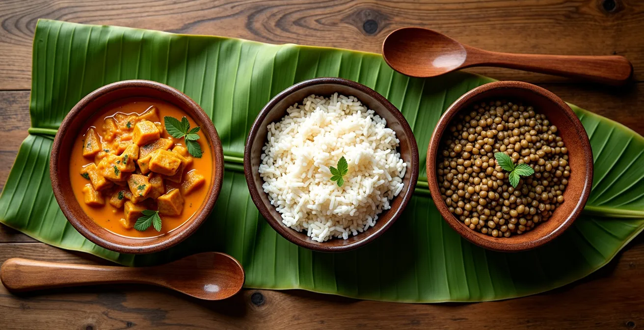 Présentation traditionnelle créole avec carry, riz et grains servis séparément en portions généreuses