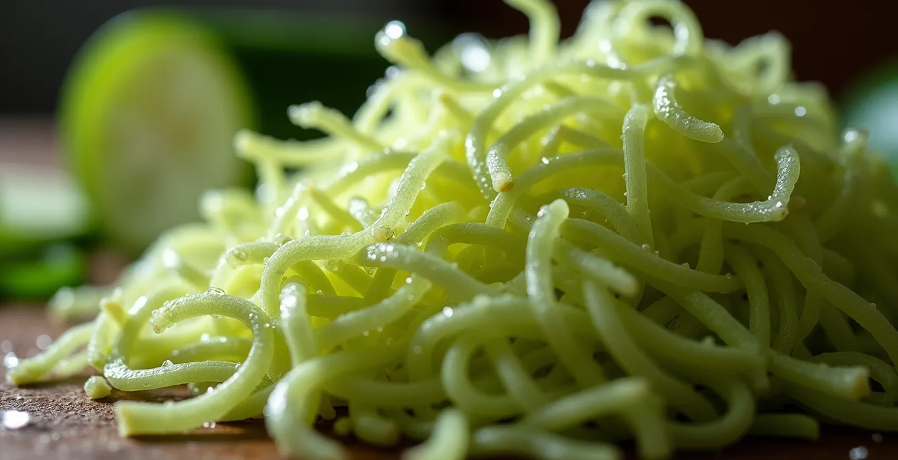 Gros plan macro sur un chouchou râpé avec des gouttelettes d'eau visibles