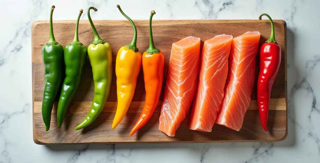 Assortiment de piments frais colorés disposés en arc-en-ciel à côté de filets de poisson sur planche de bois