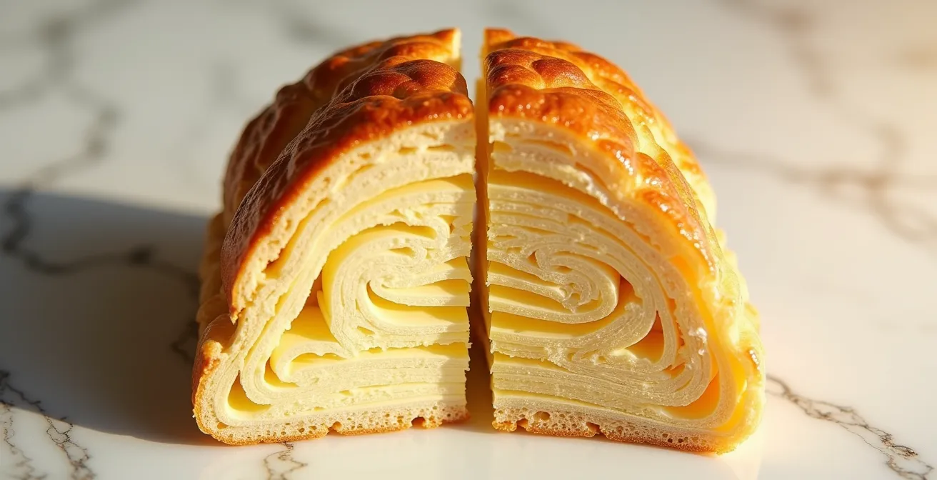 Coupe transversale de deux pâtes feuilletées montrant les différences de structure entre saindoux et beurre