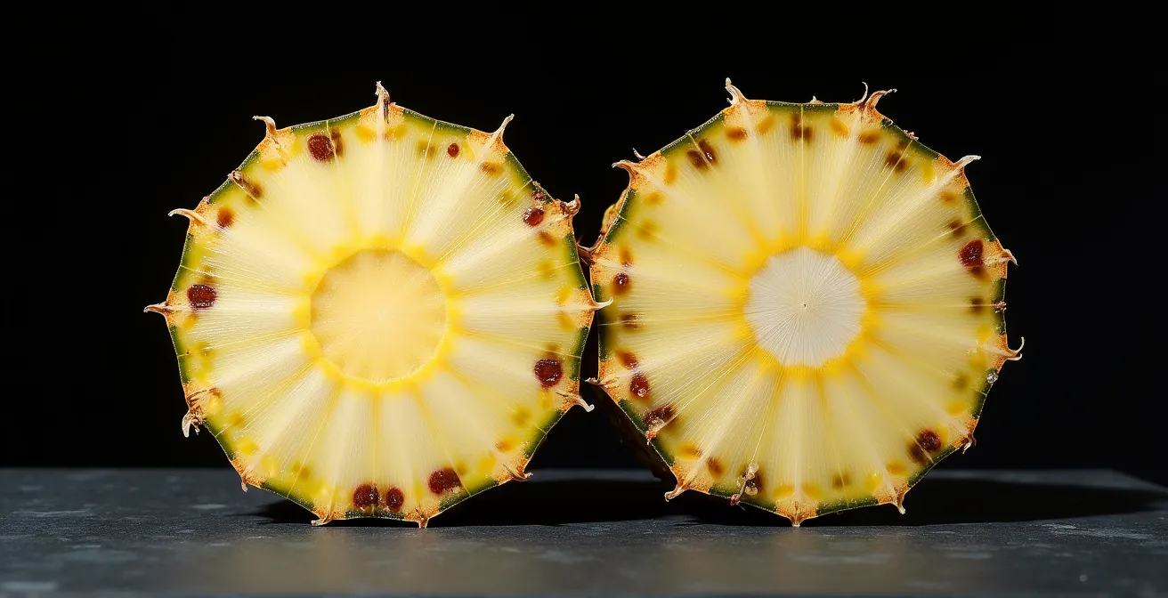 Coupe transversale comparant le cœur tendre du Victoria et le cœur fibreux du Cayenne