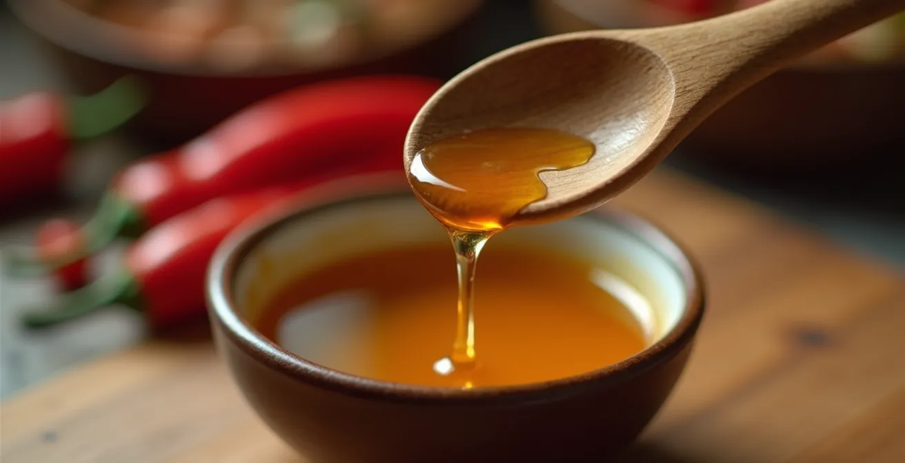 Gros plan sur une cuillère versant de l'huile pimentée dorée dans un bol avec des piments frais flous en arrière-plan