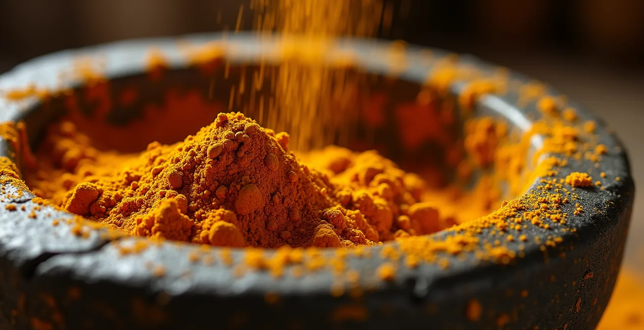 Gros plan sur un mortier traditionnel avec épices colorées du massalé réunionnais