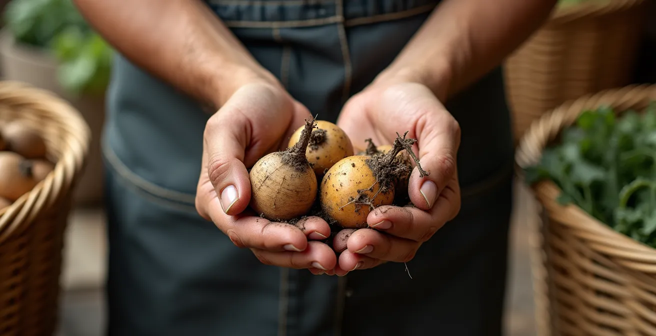 Mains de producteur tenant des légumes racines avec traces de terre, étal de marché authentique