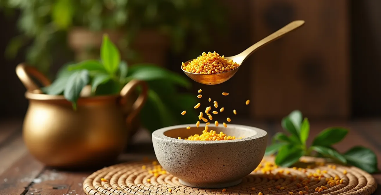 Graines de fenugrec torréfiées dans un mortier de pierre volcanique avec mesure traditionnelle