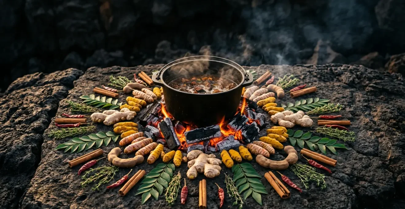 Marmite créole sur feu de bois entourée d'épices et d'ingrédients métissés de La Réunion