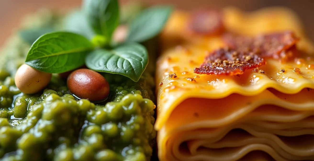 Composition culinaire montrant la rencontre entre pesto de coriandre et lasagnes au boucané