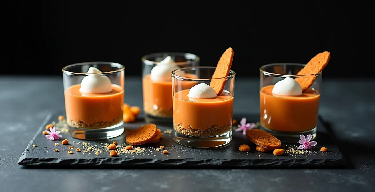 Présentation déstructurée élégante d'un gâteau patate en verrines avec textures contrastées