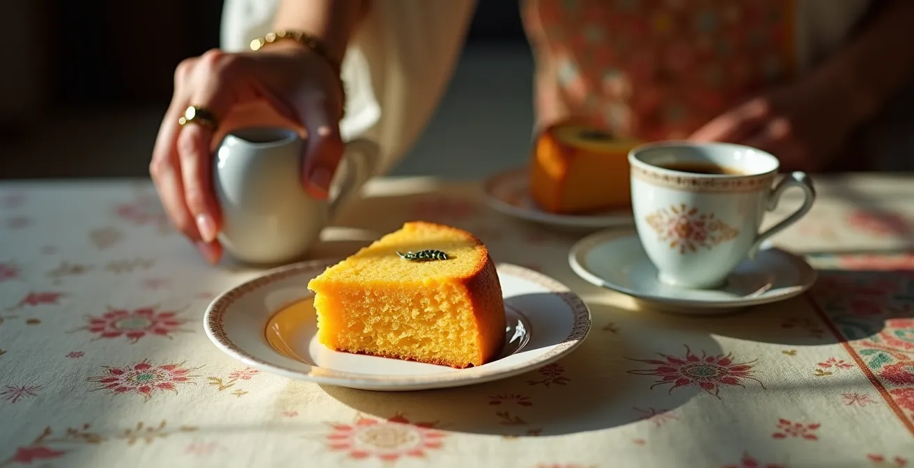 Présentation moderne d'une fine tranche de gâteau patate avec café noir dans un service en porcelaine
