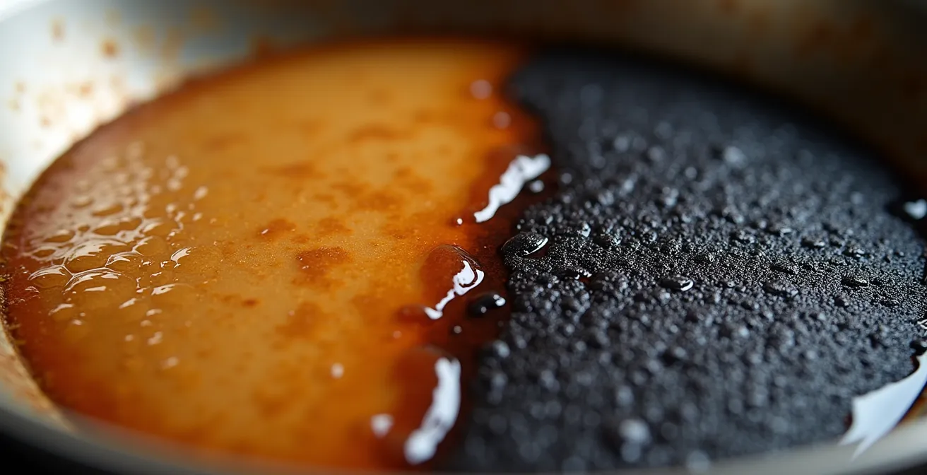 Gros plan macro sur les sucs caramélisés montrant la différence entre la couleur noisette idéale et le début de carbonisation