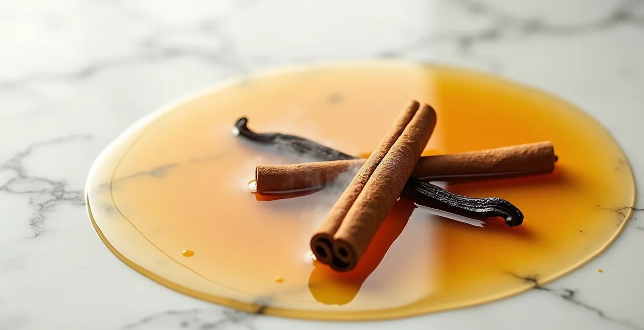 Gousses de vanille et bâtons de cannelle infusant dans un sirop doré fumant