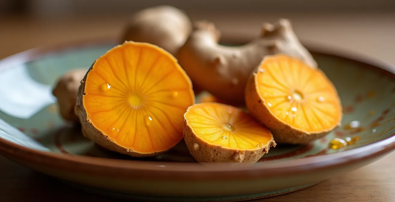 Racine de curcuma frais en gros plan avec texture détaillée sur assiette artisanale
