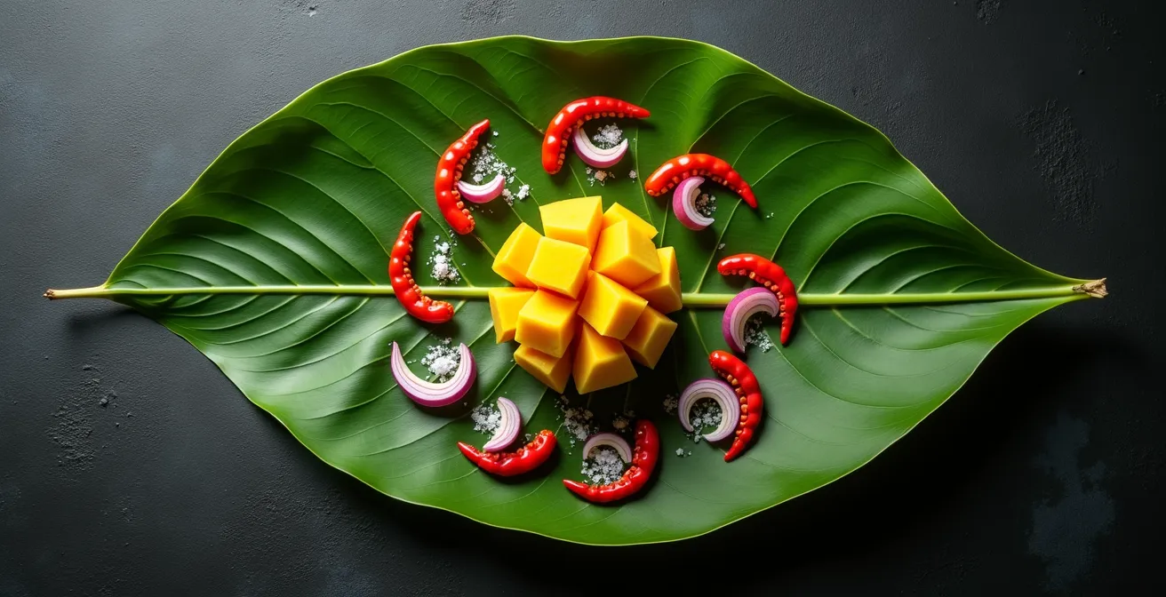 Ingrédients traditionnels du rougail disposés sur une feuille de bananier : mangue verte, oignon rouge, piments et gros sel.