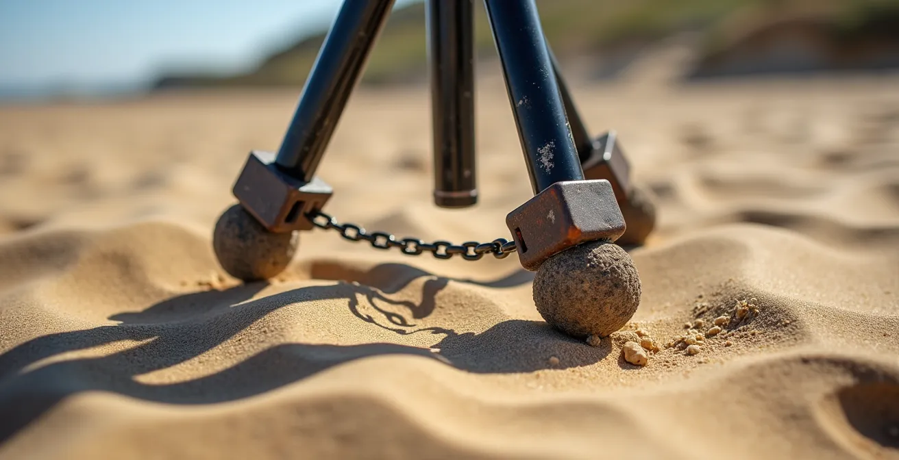 Trépied métallique stabilisé sur terrain sablonneux avec marmite suspendue