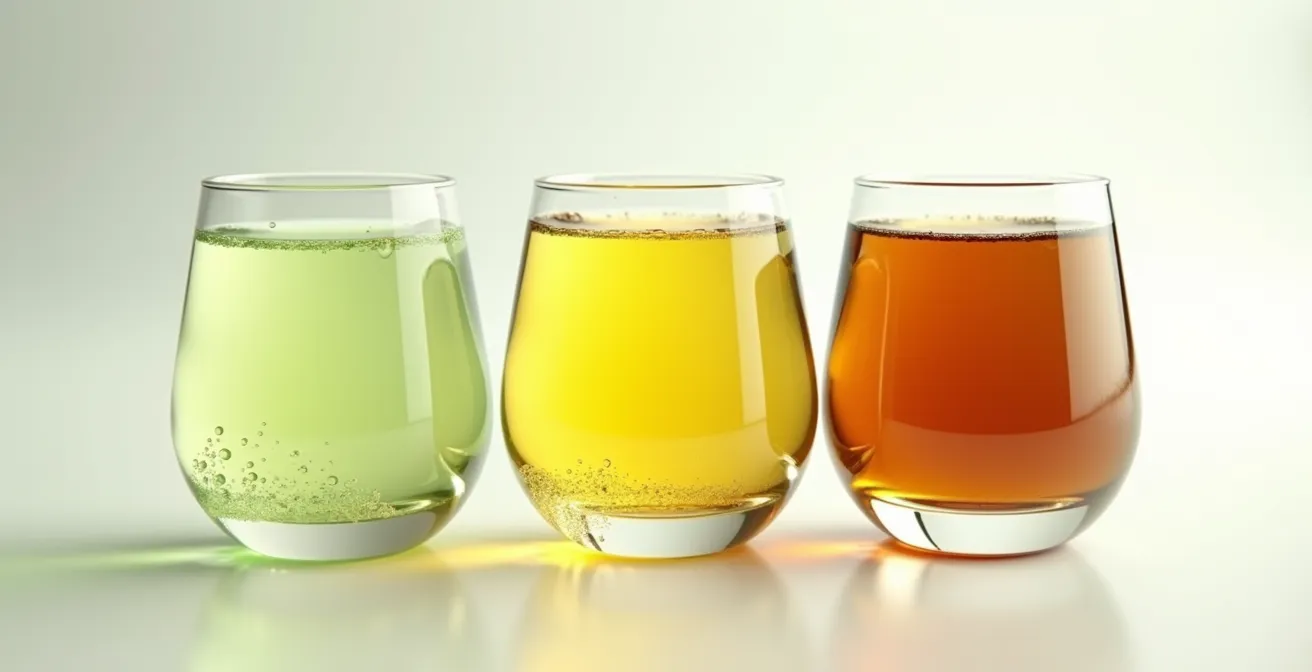 Trois verres de jus de canne montrant l'évolution de la couleur en 15 minutes