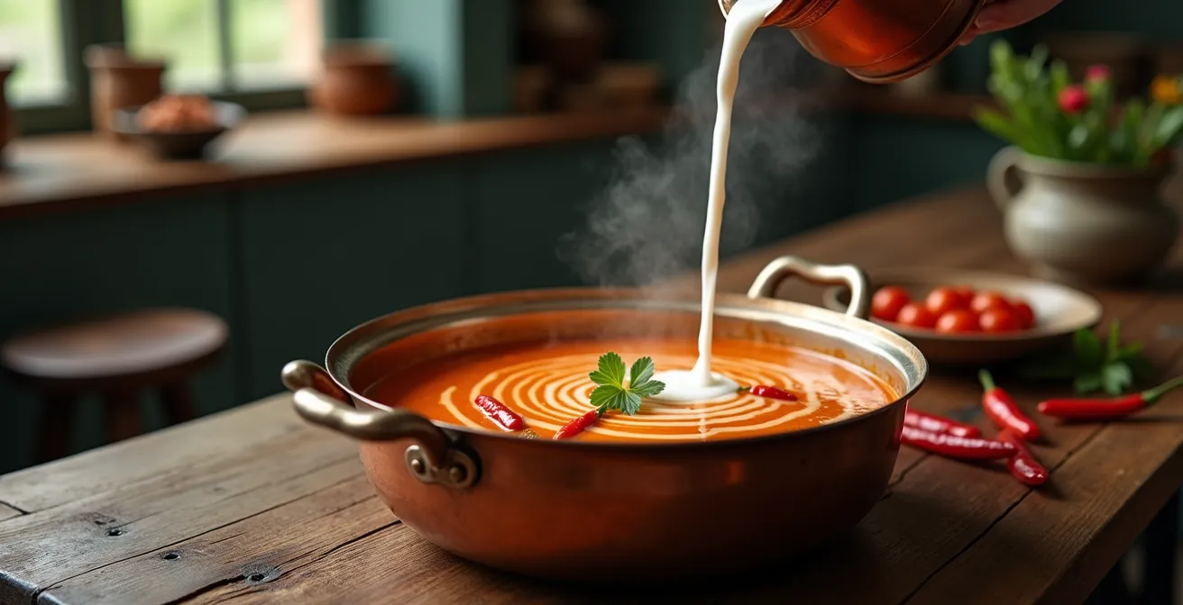 Bol de curry avec lait de coco versé en filet, vapeur visible et piments rouges flottants