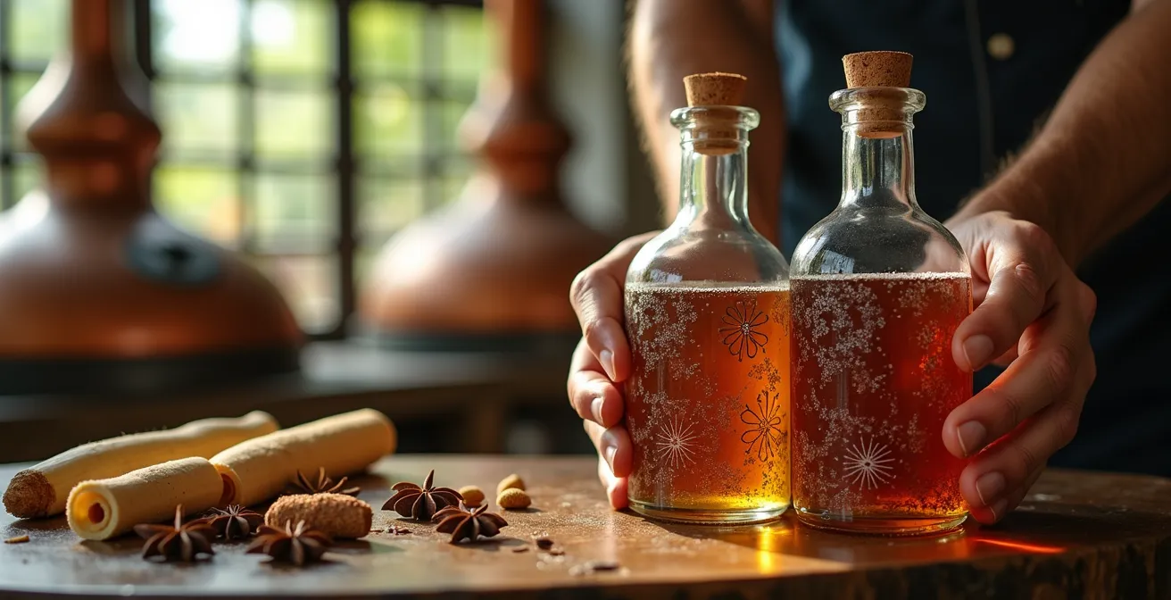 Bouteilles artisanales de liqueurs anisées locales des îles