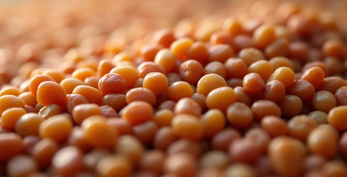 Vue macro des lentilles de Cilaos montrant leurs nuances de couleurs naturelles du blond rosé au brun cuivré