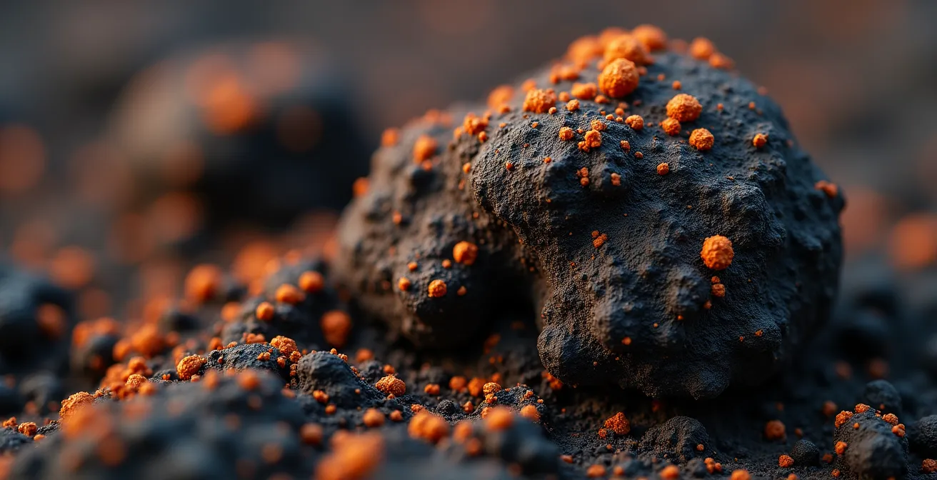 Texture macro d'un sol volcanique noir poreux avec cristaux minéraux visibles