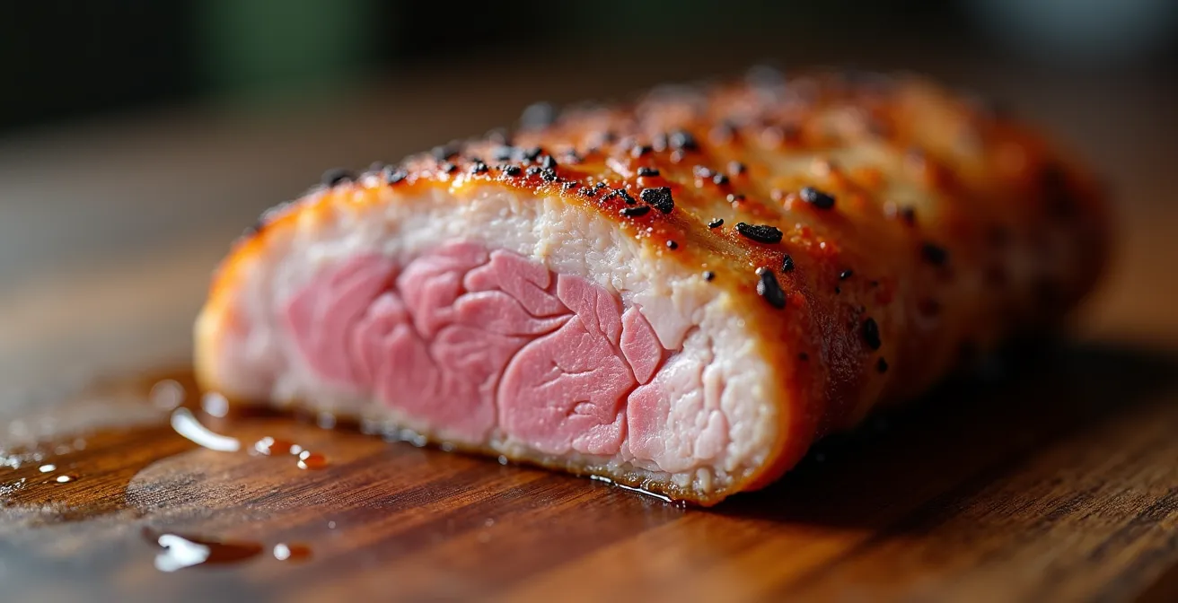 Coupe transversale d'un magret de canard montrant la texture rosée au centre et la peau dorée croustillante