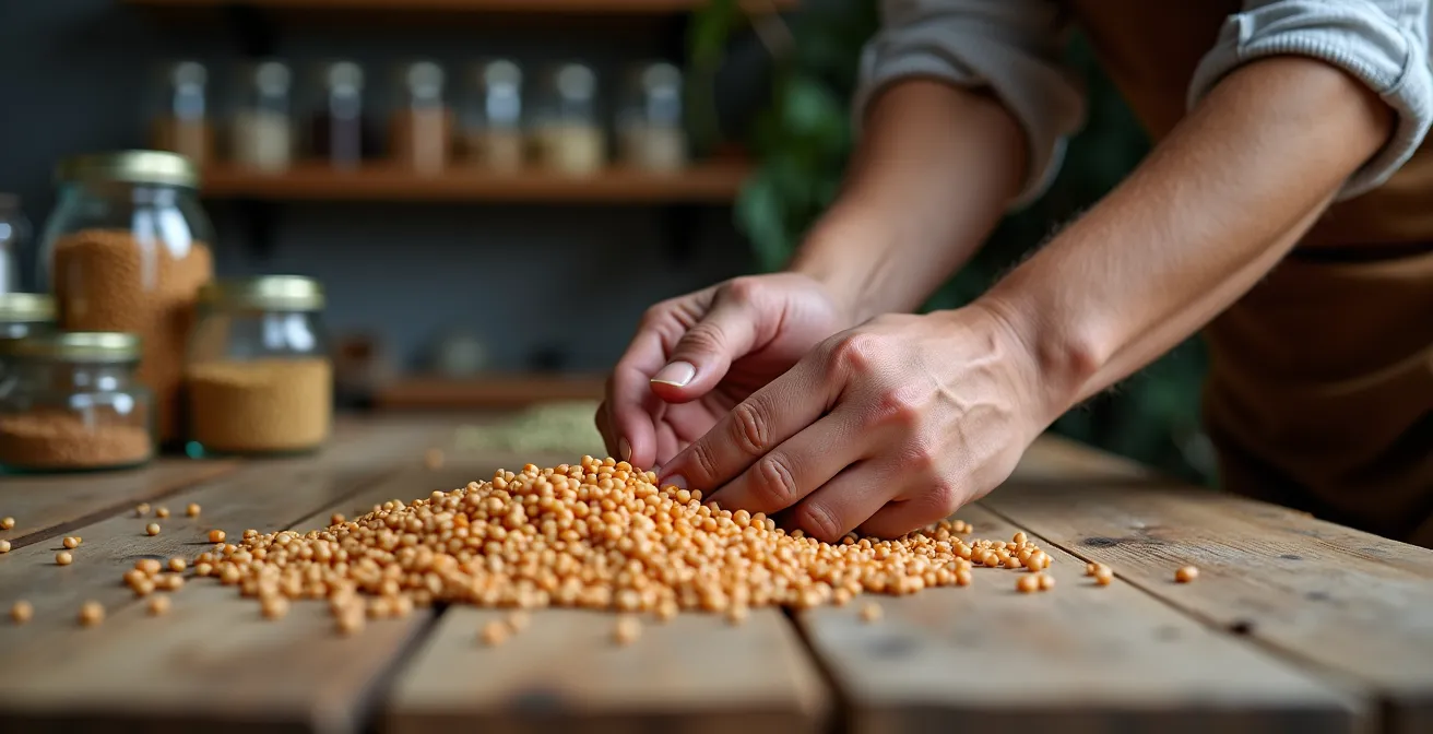Mains d'artisan triant délicatement des lentilles sur une table en bois avec lumière naturelle