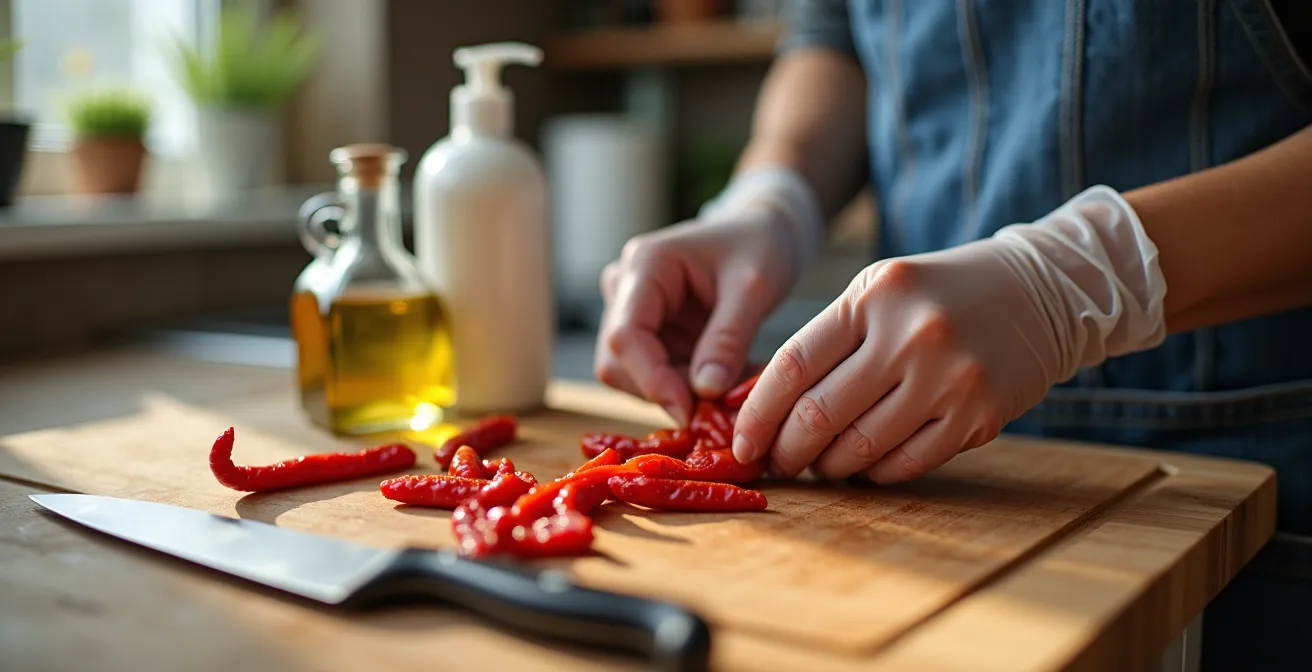 Mains avec gants en nitrile transparent manipulant des piments rouges sur planche à découper