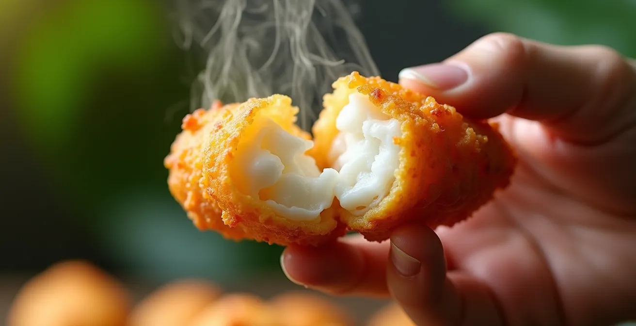 Coupe transversale de bâtonnets de manioc frits montrant le contraste entre croûte dorée et cœur moelleux