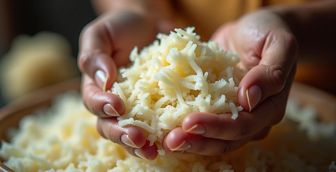 Gros plan sur du manioc fraîchement râpé dans une bassine d'eau avec des mains expertes le pressant