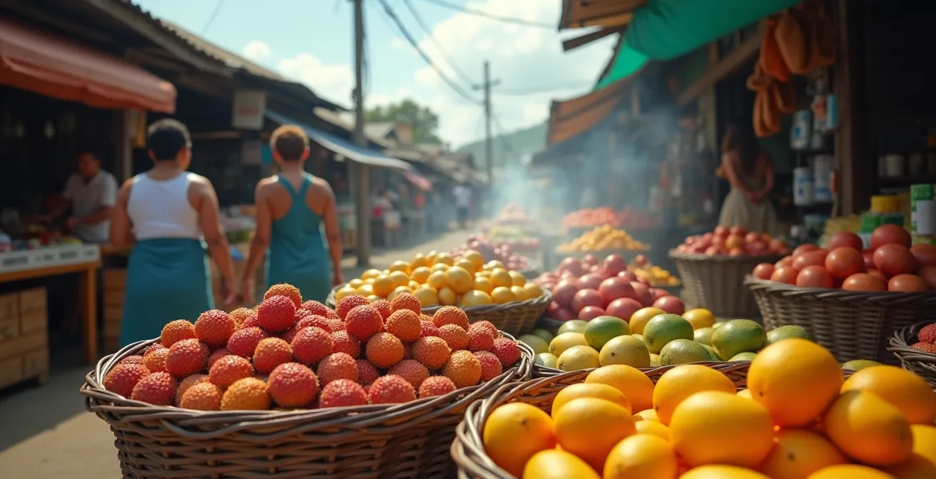 Vue panoramique d'un marché forain réunionnais avec étals colorés de fruits et légumes tropicaux