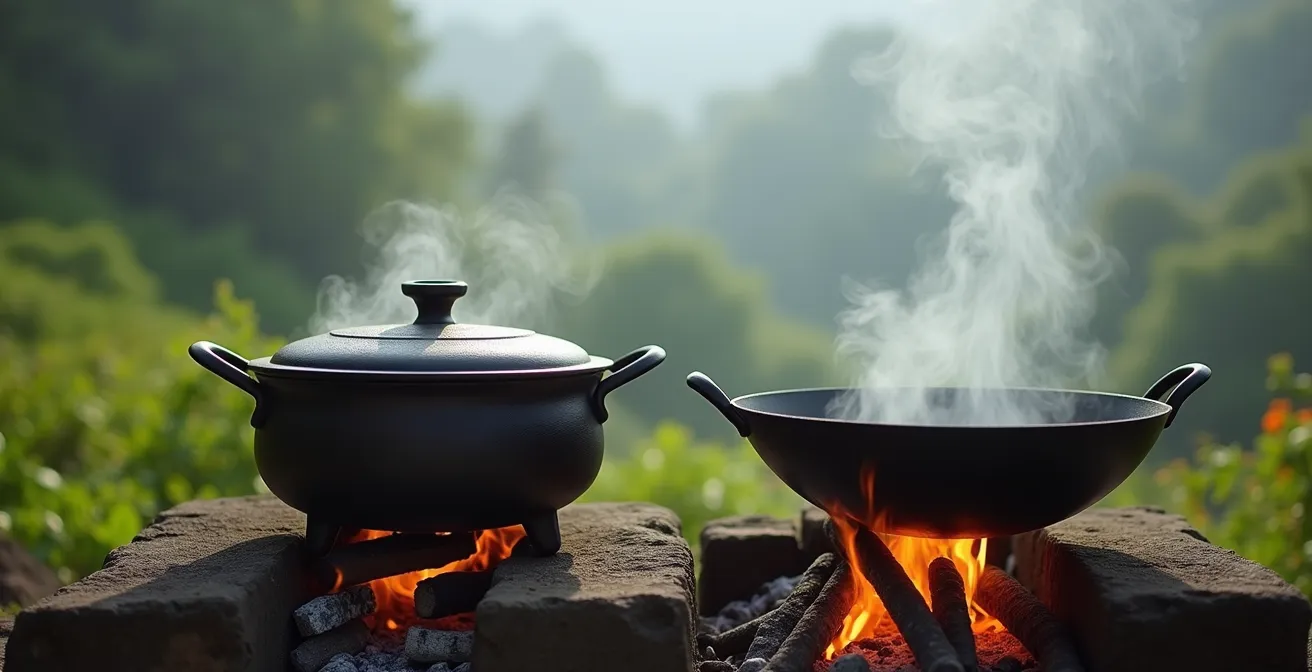 Marmite en fonte traditionnelle et wok côte à côte sur feu de bois