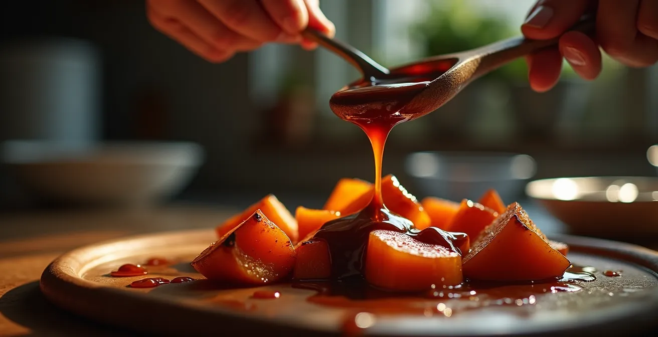 Mélasse de canne coulant d'une cuillère en bois sur des légumes rôtis