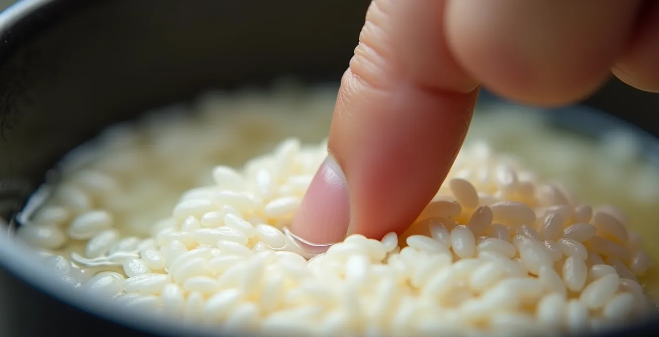 Gros plan macro sur un doigt mesurant le niveau d'eau au-dessus du riz dans une casserole