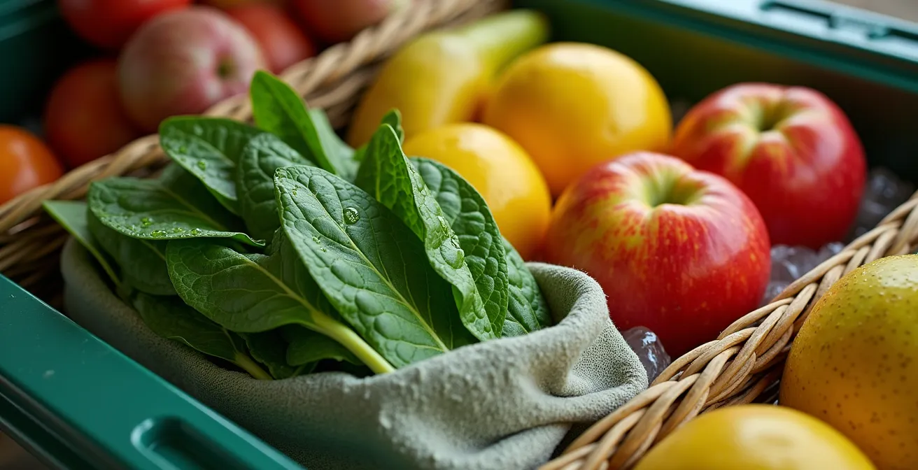 Glacière ouverte avec produits frais du marché organisés par fragilité, brèdes protégées dans torchon humide