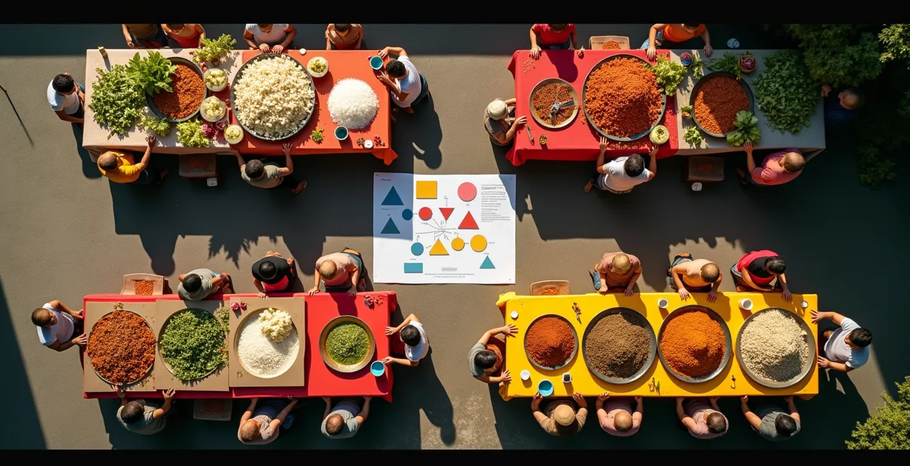 Vue aérienne d'une cuisine extérieure organisée en postes de travail pour un mariage créole