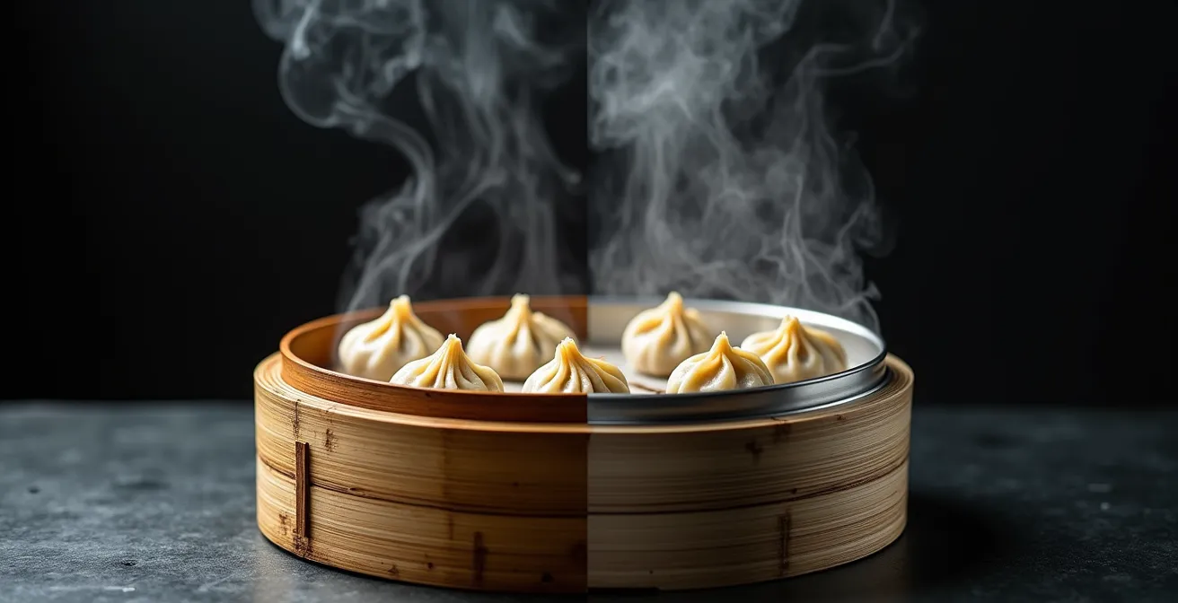 Comparaison de paniers vapeur en bambou traditionnel et en inox moderne côte à côte