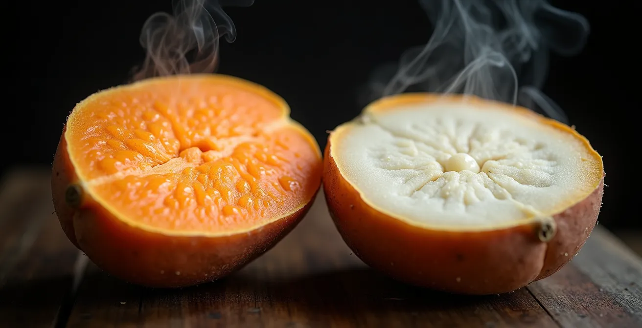 Deux moitiés de patates douces cuites montrant la différence de texture et couleur entre chair orange et blanche