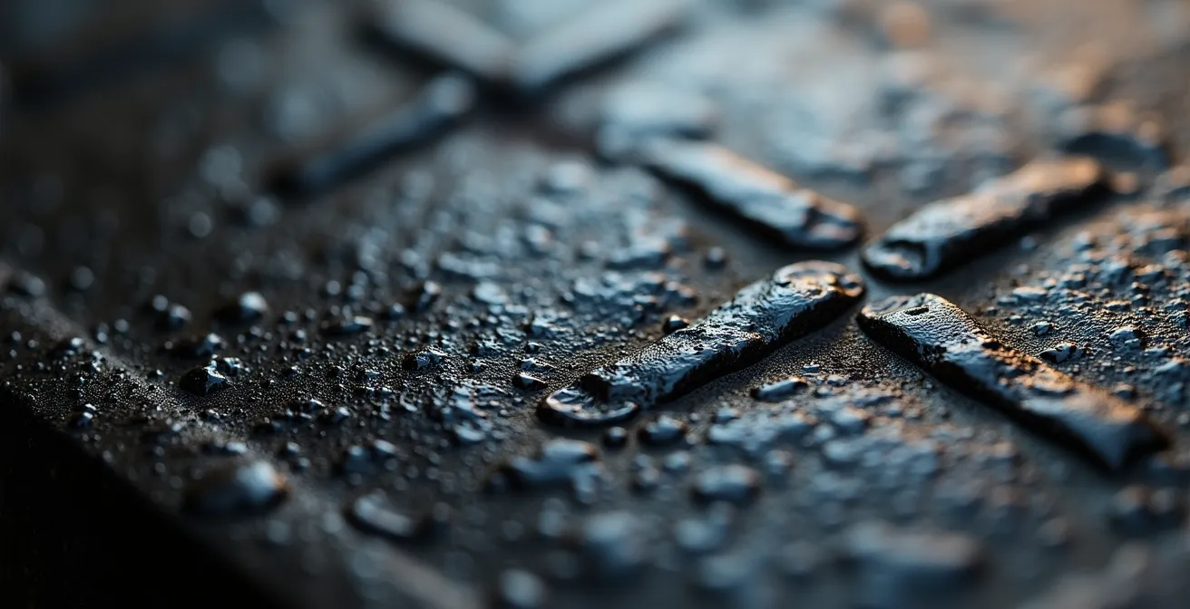 Gros plan macro sur la surface patinée noire brillante d'une marmite en fonte d'aluminium avec des reflets dorés