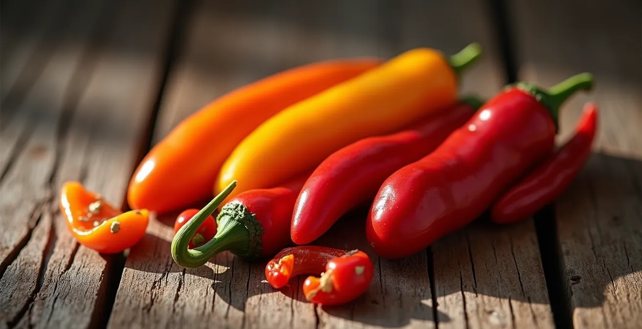 Composition artistique de piments cabri et martin frais sur planche de bois